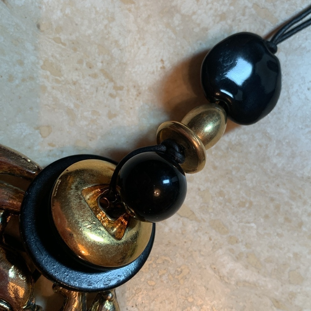 'Ragamuffin Couture' Brass Rose artisan Necklace, black leather cord, beads OOAK - Picture 9 of 13